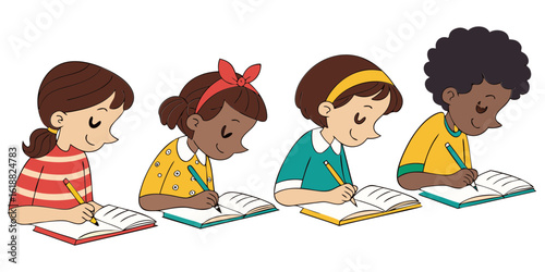 Children learning with open book and pencil