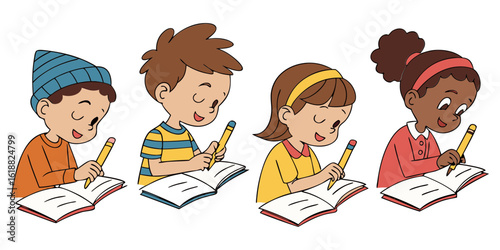 Multicultural classroom writing illustration