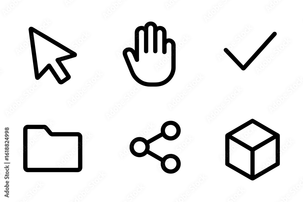 Minimalist black and white interface icons for digital applications