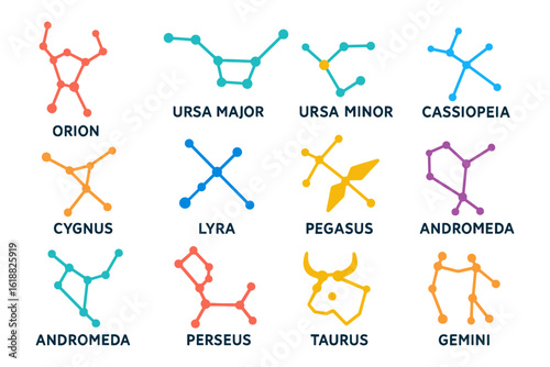 Colorful constellation icons: zodiac and star patterns in flat design