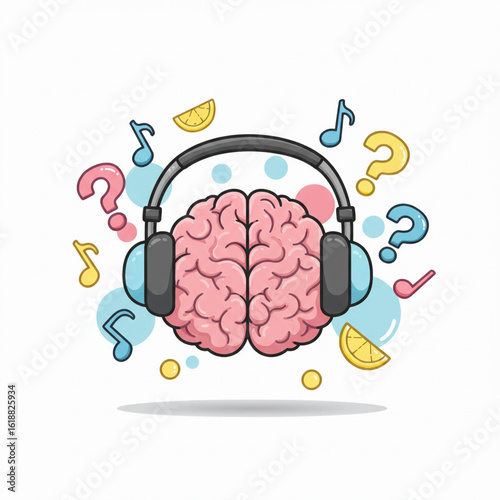 Cartoon vector of pink brain with black headphones surrounded by music notes, question marks, and lemon slices