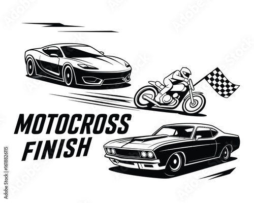 Dynamic black and white vector illustration of racing vehicles, including a sports car, muscle car, and motorcycle at the finish line.