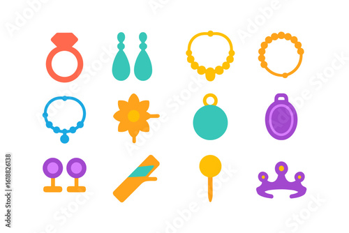 Colorful flat jewelry icons set with rings, necklaces, and earrings