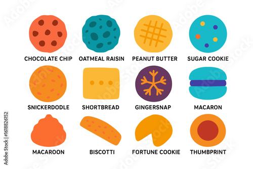 Colorful assorted cookies collection with labels in flat design