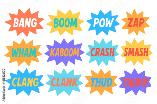 Colorful comic style sound effects in starburst shapes