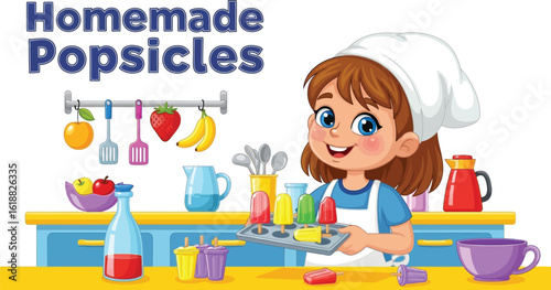 Happy Girl Holding Tray of Colorful Homemade Popsicles in Kitchen, Featuring Fruit, Utensils