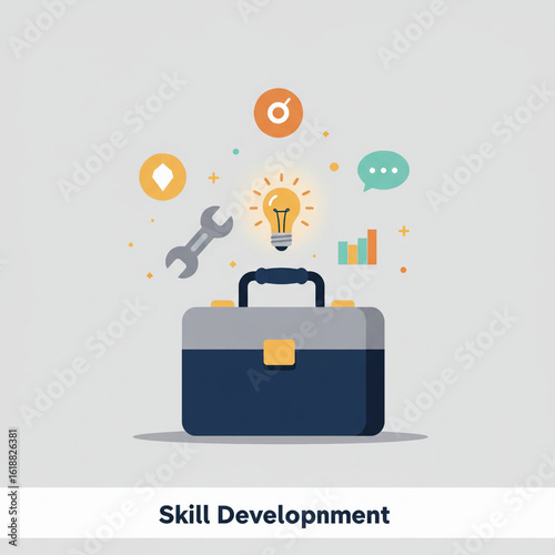 Vector illustration of closed toolbox with icons and text Skill Development in flat modern style