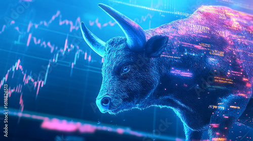 Bull and blue colored candlestick graph, symbol of growing stock or cryptocurrency market
