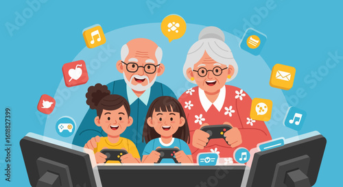 Happy Family Playing Video Games Together with Social Media Icons.