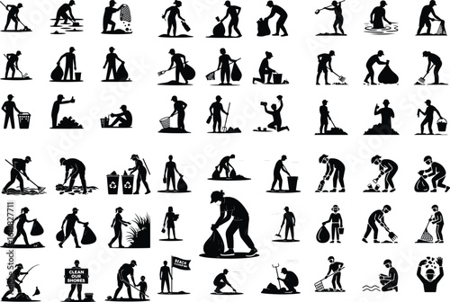 Person Cleaning Beach Silhouette Icon Set Beach Cleanup Volunteer Vector Silhouette Collection