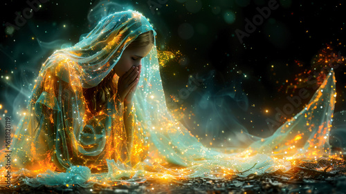 Young woman in glowing veil grieving or praying in abstract space