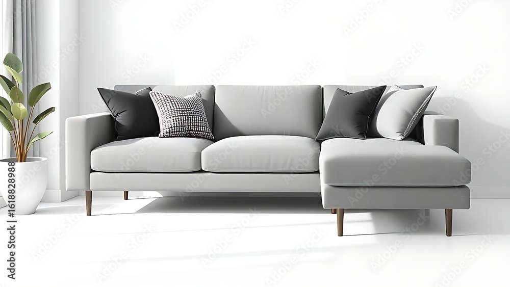 Naklejka premium Contemporary living room corner with a gray sofa and decorative pillows in a clean white space.