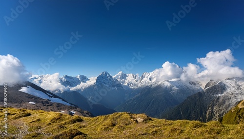 clear blue sky with bunchy of clouds over the peak ranges