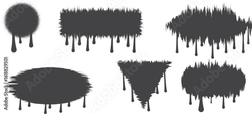 Set of black dripping paint shapes with grunge texture. Unique graffiti-style ink blot designs in various geometric forms. Perfect for urban art, banners, and edgy design projects.