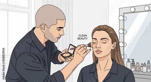 Makeup Artist Applying Powder to a Woman's Face with Brush.