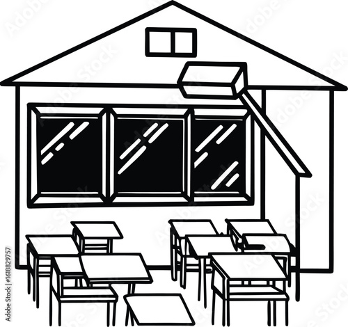 classroom with student desks blackboard and window