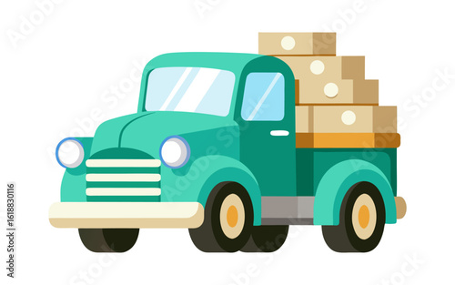 Charming Cartoon-Style Vintage Pickup Truck Loaded with Milk Crates – Fun Retro Farm Delivery Vehicle Vector Illustration Perfect for Nostalgic and Rustic-Themed Designs