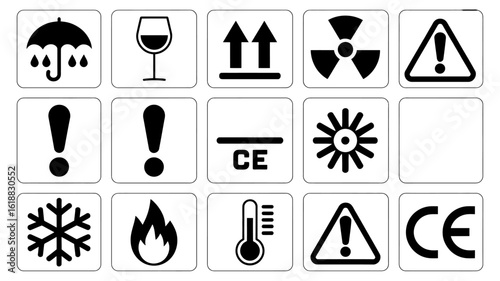 International packaging symbols indicating various warnings and handling instructions for safe transportation and storage of goods