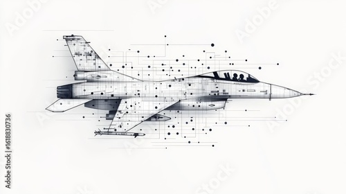 Detailed illustration of a jet fighter with technical design elements showcasing aviation technology and aerodynamics.