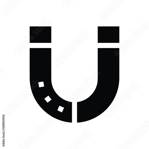 Black horseshoe magnet solid icon isolated on white background.