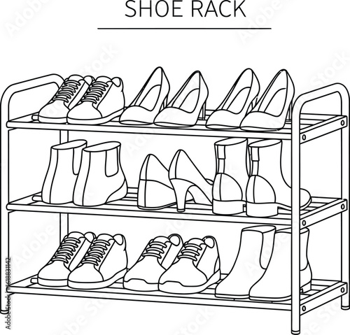 Line art illustration of a shoe rack filled with various footwear, including sneakers, high heels, and boots, perfect for closet organization and home decor themes, in a minimalist style.