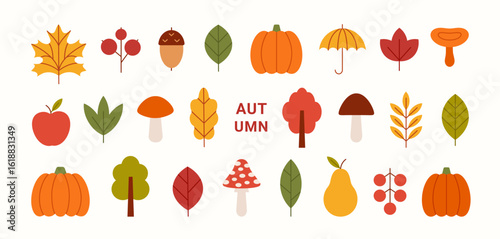Autumn icons set. Fall simple yellow, red, orange leaf. Minimalist geometric style. Fall leaves, mushrooms, maple, acorn, berry, apple, oak, tree, pumpkins. Vector flat illustration.