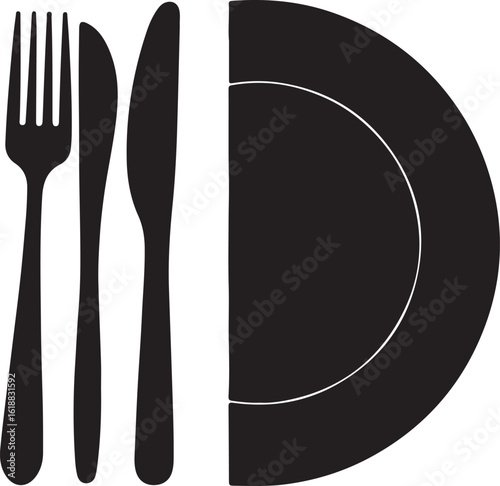 Fork, spoon, knife and half plate silhouette on white background