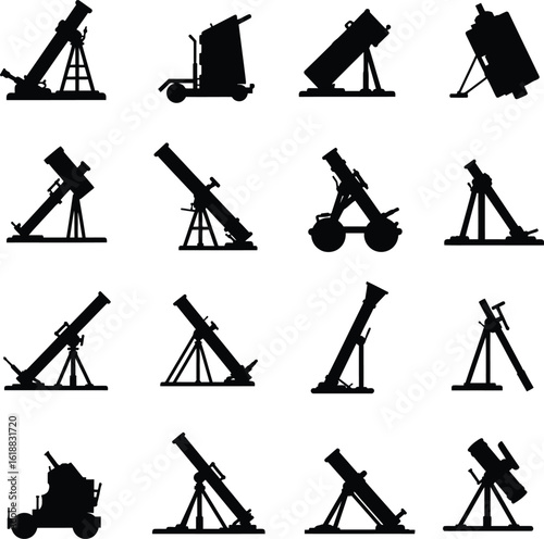 Vector silhouette set of military mortars and artillery. Ideal for army, tactical, gaming, and historical war-themed design projects.