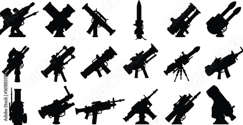 Vector silhouette set of military heavy weapons and launchers, including machine guns, rocket launchers, and mounted firearms. Ideal for tactical, army, and gaming design projects.