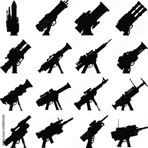 Vector silhouette set of military heavy weapons and launchers, including machine guns, rocket launchers, and mounted firearms. Ideal for tactical, army, and gaming design projects.