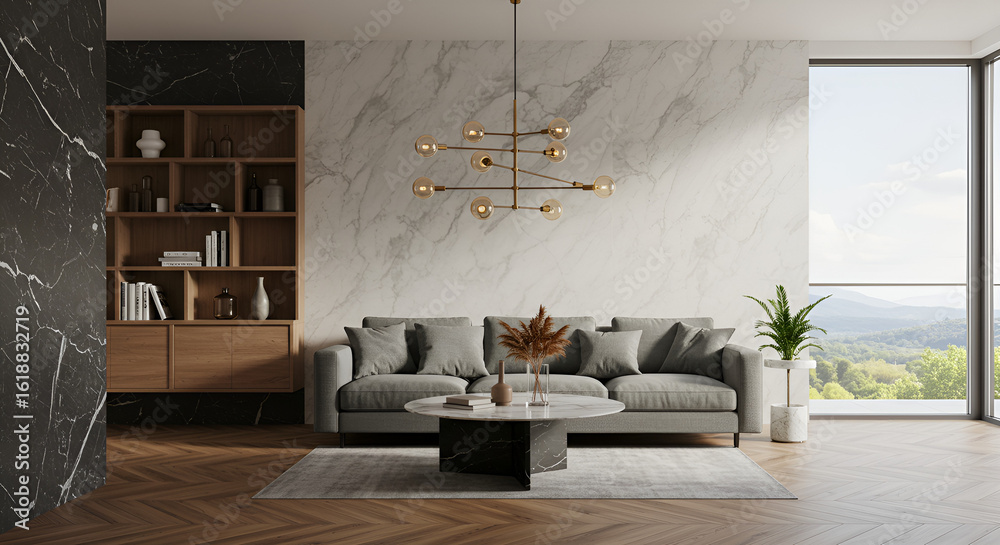 Fototapeta premium Interior of stylish living room with marble walls, wooden furniture shelf with books, comfortable grey couch, marble coffee table, wooden flooring, window to beautiful view. Mockup. 3D Rendering