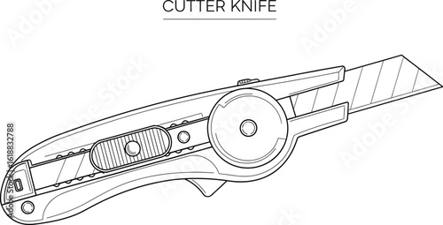 Detailed line drawing of a utility knife showcases its sharp blade and ergonomic design, perfect for illustrating tools, construction, or DIY projects with precision and clarity.