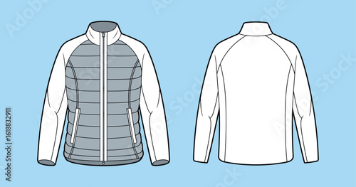 Technical CAD Drawing of Modern Puffer Jacket with White Sleeves, Front and Back Views, Flat Vector Illustration for Fashion Design