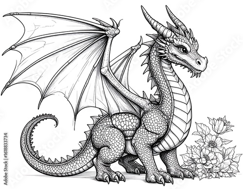 Detailed black and white drawing of a cute dragon