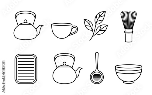 Minimalist Tea Ceremony Line Art Illustration with Teapots Cup and Whisk for Asian Inspired Designs