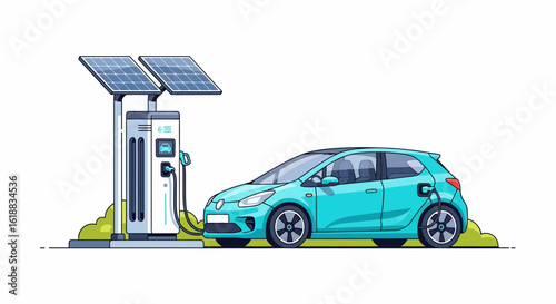 Turquoise electric car charging at a solar powered charging station