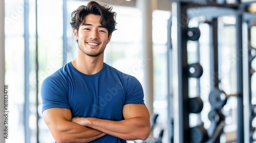 日本人 男性 アジア人 ムキムキ 筋肉 パーソナル トレーナー スマイル ジム バストショット 青 灰色 白 背景