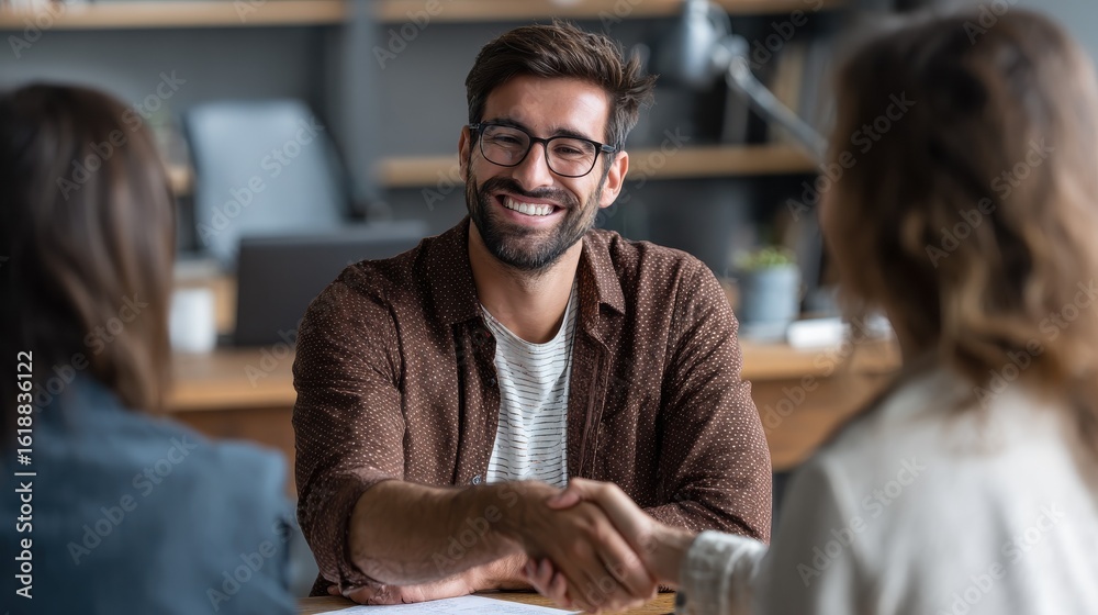 © Johannes - Smiling young man shaking hands with an insurance agent or investment adviser as he sits in a meeting with his wife in her office, no logos, no brands © Johannes - Smiling young man shaking hands with an insurance agent or investment adviser as he sits in a meeting with his wife in her office, no logos, no brands