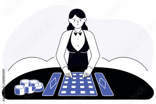 Cartoon casino dealer at table handling poker chips and cards, gambling vector scene