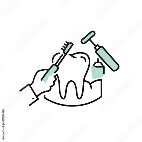 Dental care illustration of a tooth, toothbrush, and dental tools. 