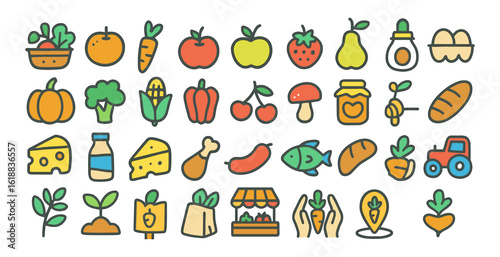 Colorful line art icons of fresh produce and organic food