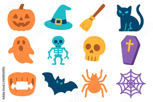 Halloween icons set with witch hat, pumpkins, and spooky figures in flat style