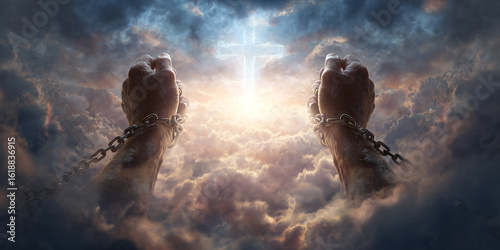 Hands breaking free from chains, reaching towards a divine light in the clouds