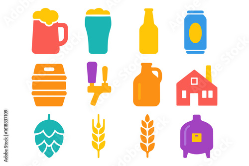 Colorful brewery icons collection featuring beer mugs, barrels, and brewing equipment in flat style