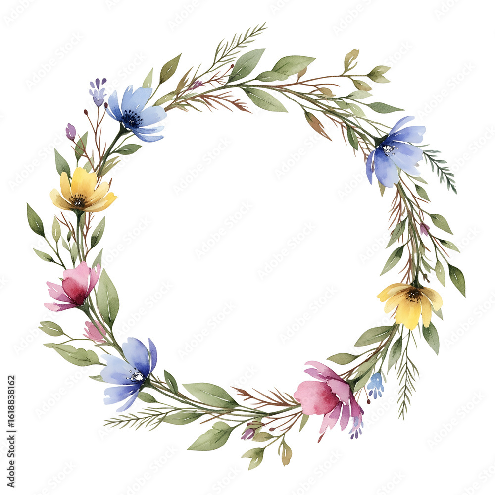 Obraz premium Watercolor floral circle frame with blue yellow pink flowers isolated on a transparent background png, cut out, clipping path, social media, Advertisement, high quality, HD photo, close up., web.