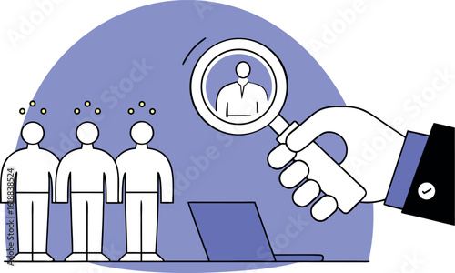 Recruitment process vector illustration showing candidate selection, hiring funnel with resumes and interviews