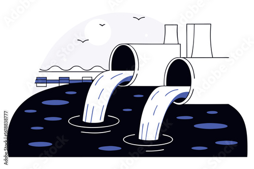 Industrial pipes releasing toxic smoke and waste into nature, environmental pollution vector illustration