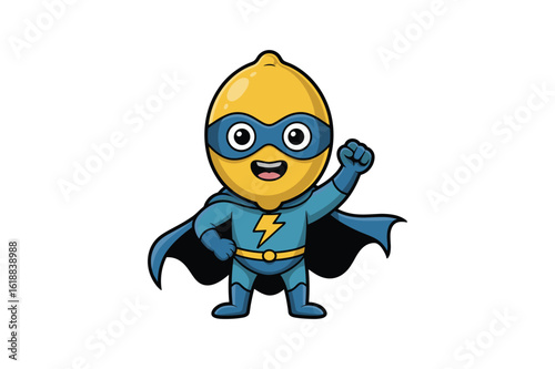 Cheerful yellow lemon character in blue superhero costume with cape and mask vector