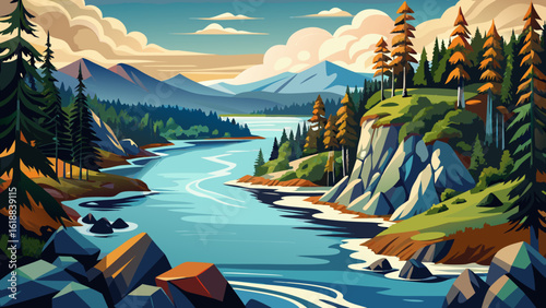 In a view of Nimpkish River on Vancouver Island leading into the ocean; Vancouver Island, British Columbia, Canada, soft light reflects off ripples. Semi-realistic details show nature’s harmony and co