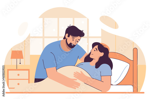Pregnant woman and partner in bedroom, vector illustration of expectant parents